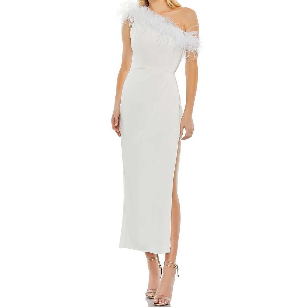 Mac Duggal Dress Womens 6 White One Shoulder Feather Slit Gown Luxury Wedding